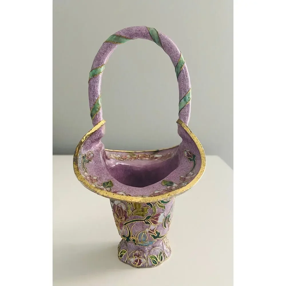 Vintage Chinese Cloisonne Lavender Purple Basket Vase Brass Floral Enamel, 6.25